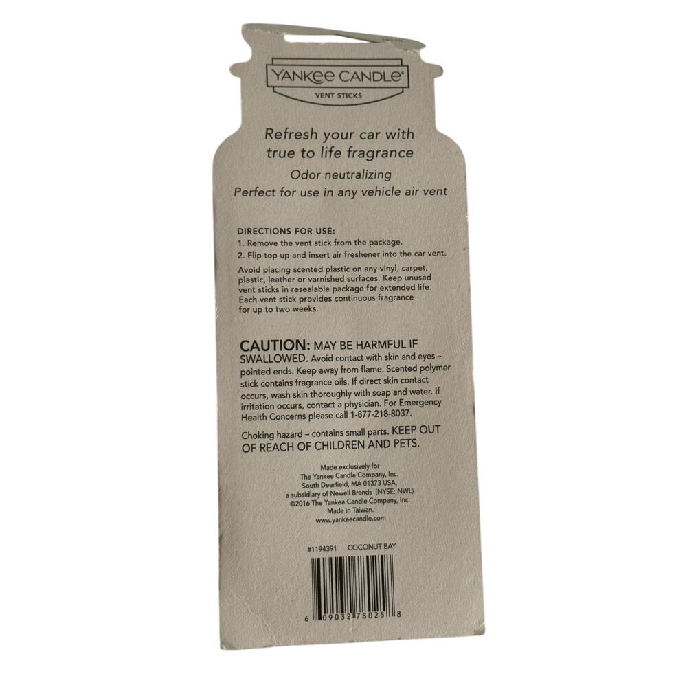 NIP Yankee Candle Coconut Bay Car Vent Sticks Air Freshener 4 Pack - Picture 3 of 3
